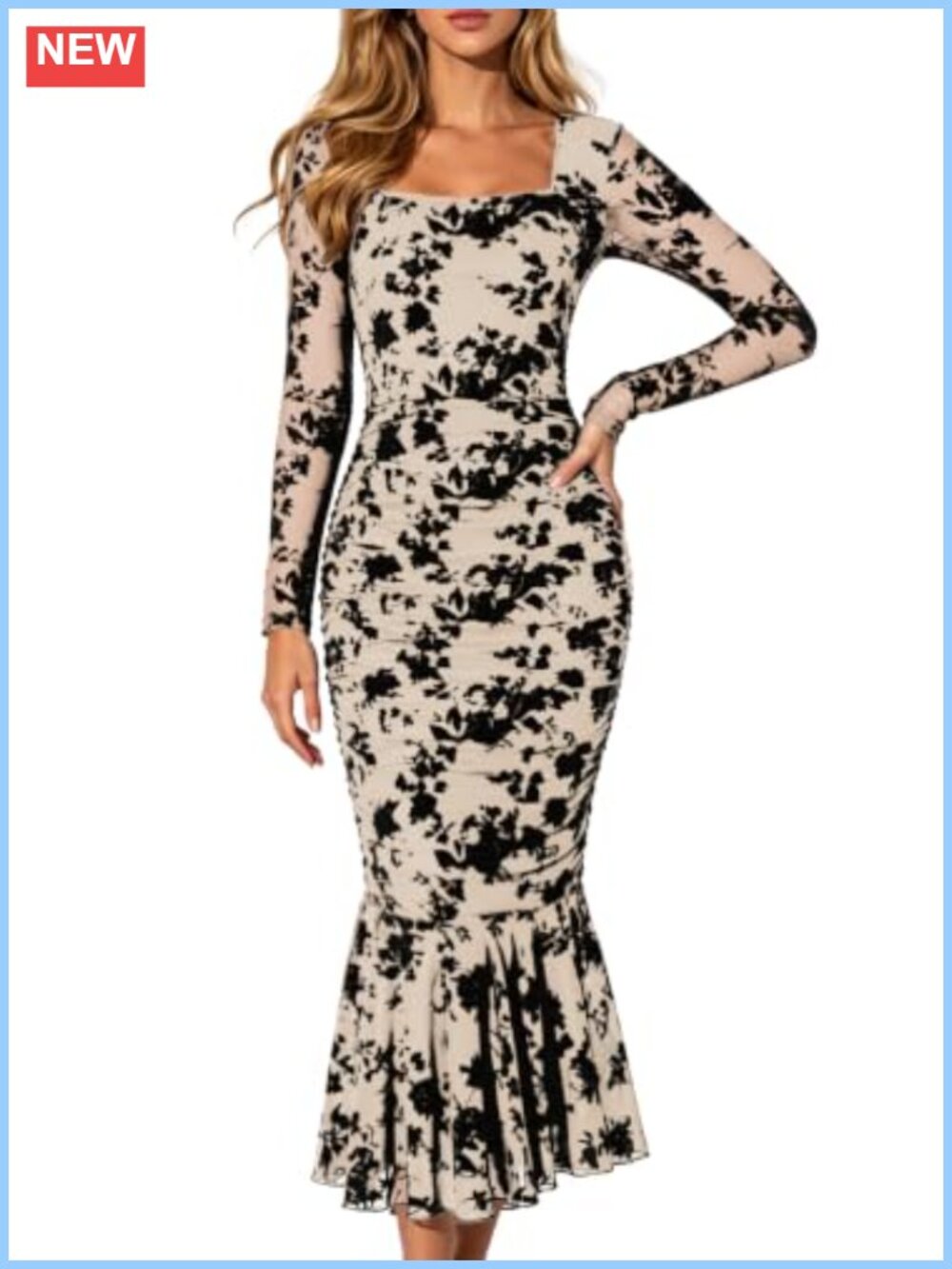 Long Sleeve Formal Midi Dress Mesh Bodycon Ruched Wedding Guest